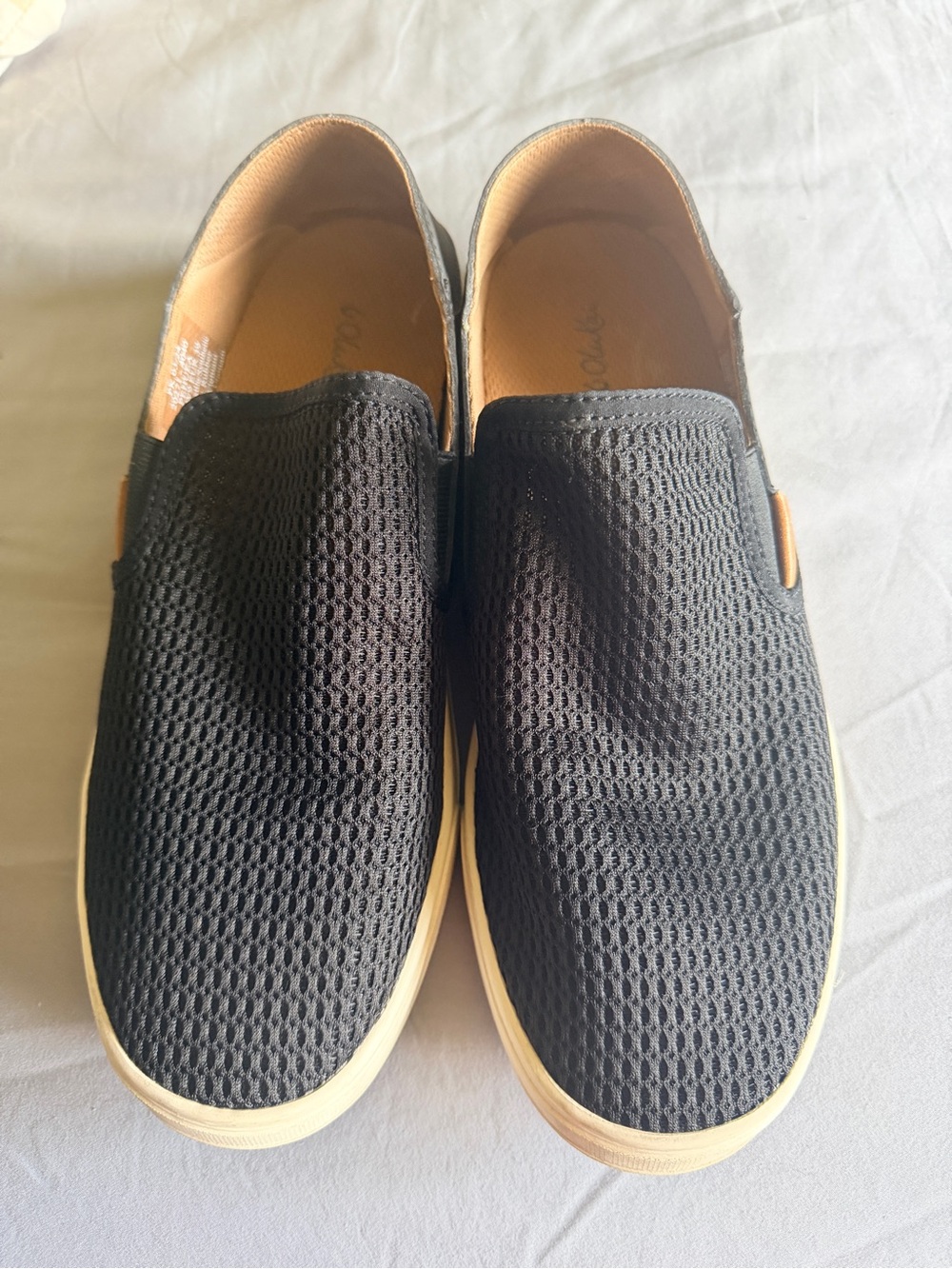 OluKai Women's Black Mesh Slip-On Loafers with Tan Trim